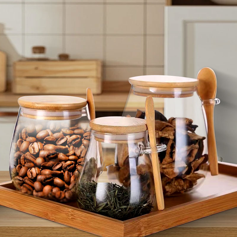 Coffee Tea Canister Set - スプーンと蓋付きのガラスジャー、透明なスパイスジャー、小さな食品保存容器、砂糖、お茶、キッチン、コーヒー、34オンス