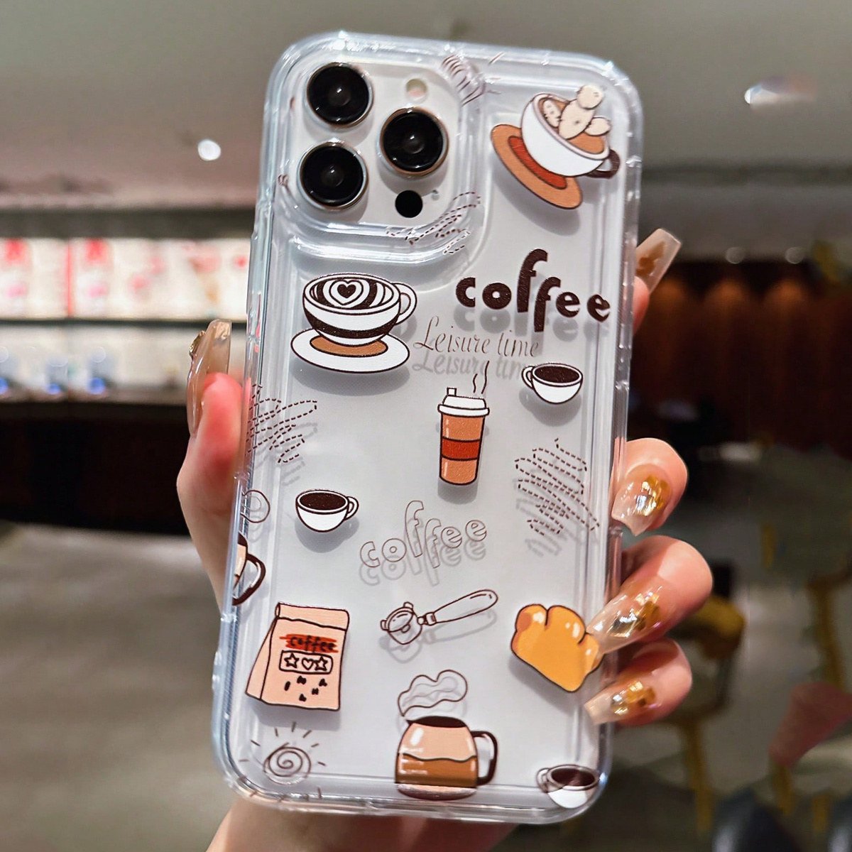 Coffee Tea Etc - コーヒー、ミルクティーのデザインパターンTPU透明耐衝撃スマホケース、iPhone 17、16、15、14、13、12、11などに対応。
