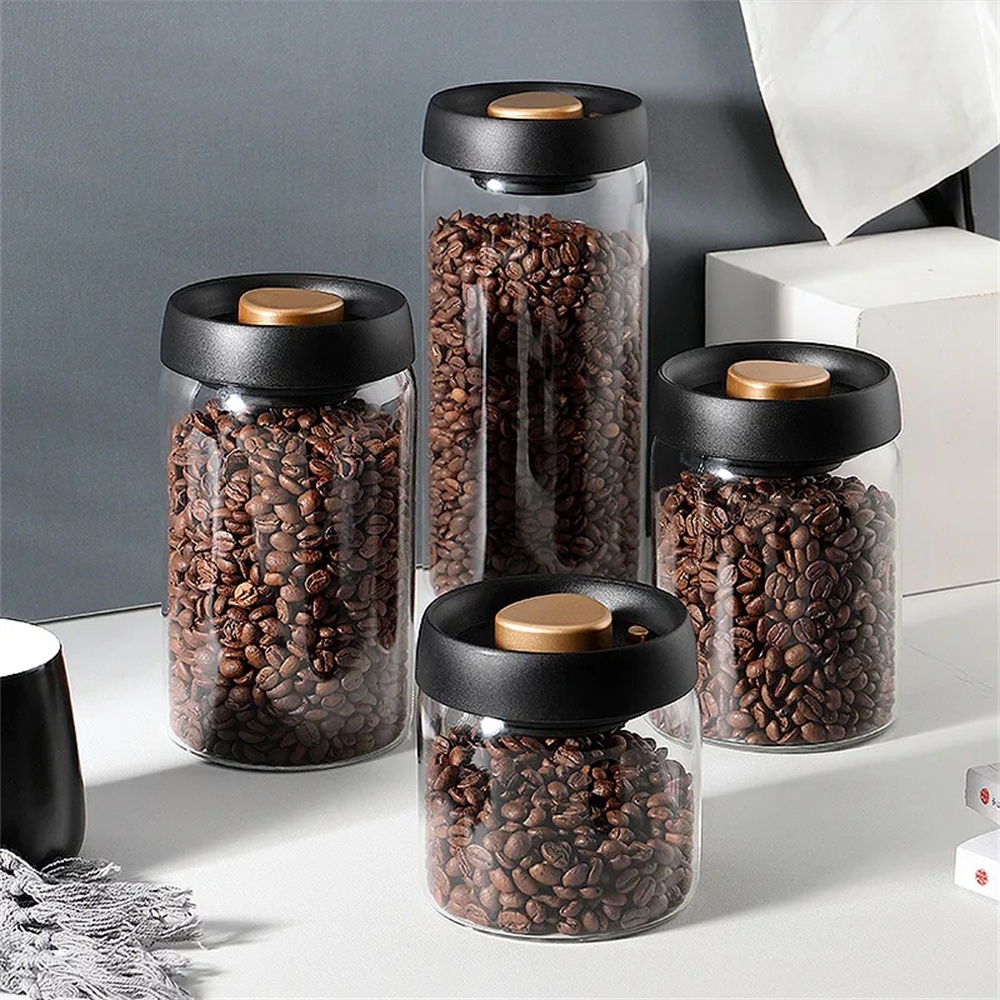Coffee Tea Canister Set - 1パックコーヒー豆保存容器気密蓋プレスダウン真空ガラスコーヒーキャニスターで密封、食品保存、コーヒー、紅茶