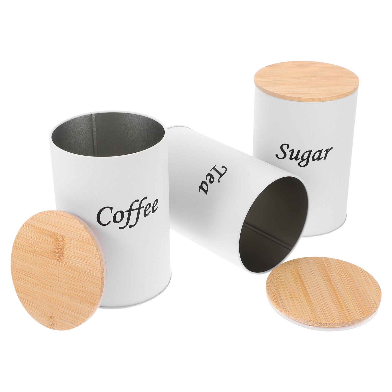 Coffee Tea Sugar - 3個セット 密閉丸型キャニスター 亜鉛メッキ鉄製 竹製蓋付き コーヒー、紅茶、砂糖、小麦粉、米、豆類用 スタイリッシュなキッチン収納