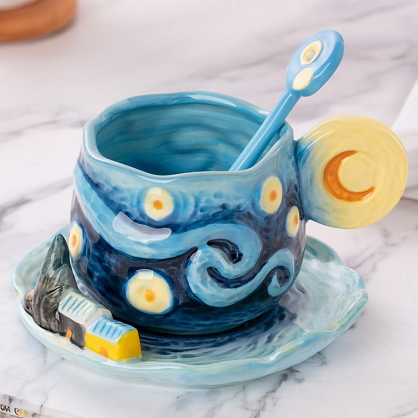 Coffee Tea Van - 手描きのゴッホ風セラミックコーヒーカップ、ヴィンテージヨーロピアンアンダーグレーズマグカップ、高級食器、アフタヌーンティー、ホームデコレーション