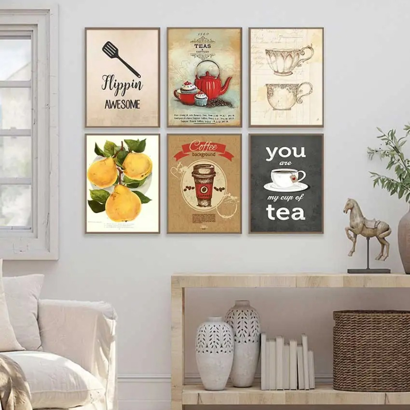Coffee Tea Poster - ヴィンテージ風ホットコーヒー・ティータイムフード、カップケーキ、卵、レモンのポスターとプリント、キャンバスプリント、ウォールアート、キッチンやカフェの装飾用絵画