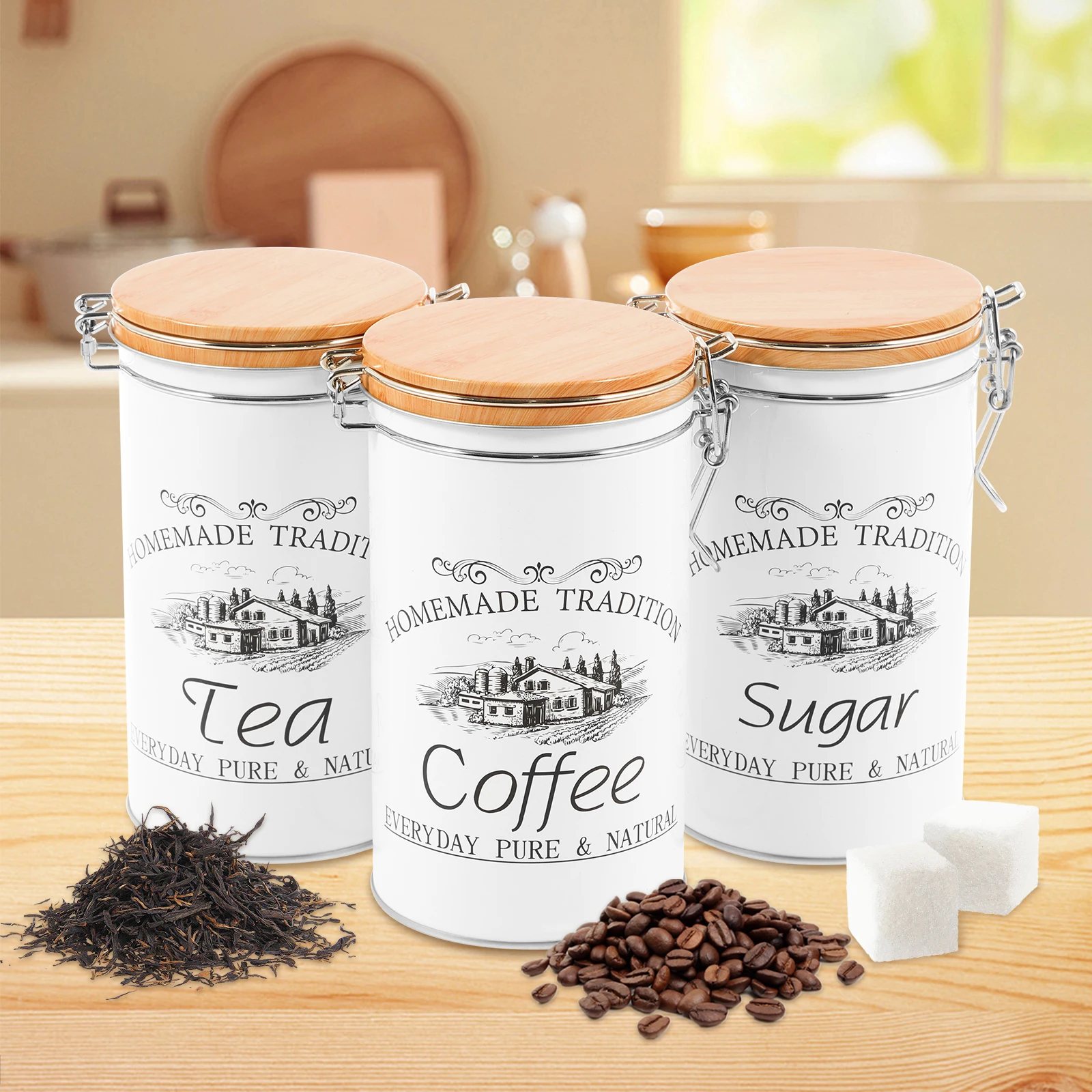 Coffee Tea Canister Set - 3個セット 茶葉・コーヒー・砂糖用キャニスター 金属製コーヒー豆保存容器 多用途茶葉・コーヒー・砂糖容器 キッチン食品用品