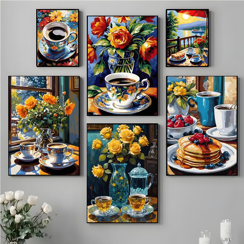 Coffee Tea Poster - アートアフタヌーンティーコーヒーカップポスター高精細ポスターステッカー、リビングルームや廊下に最適なギフトです。