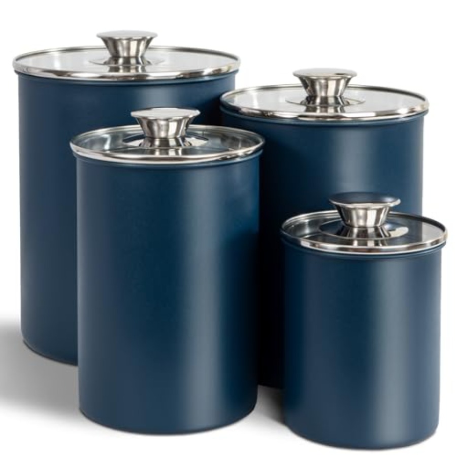 Coffee Tea Canister Set - ステンレス製食品保存容器4個セット、16/49/85/132オンス、ガラス蓋付き気密容器、お茶、コーヒー、砂糖、小麦粉用