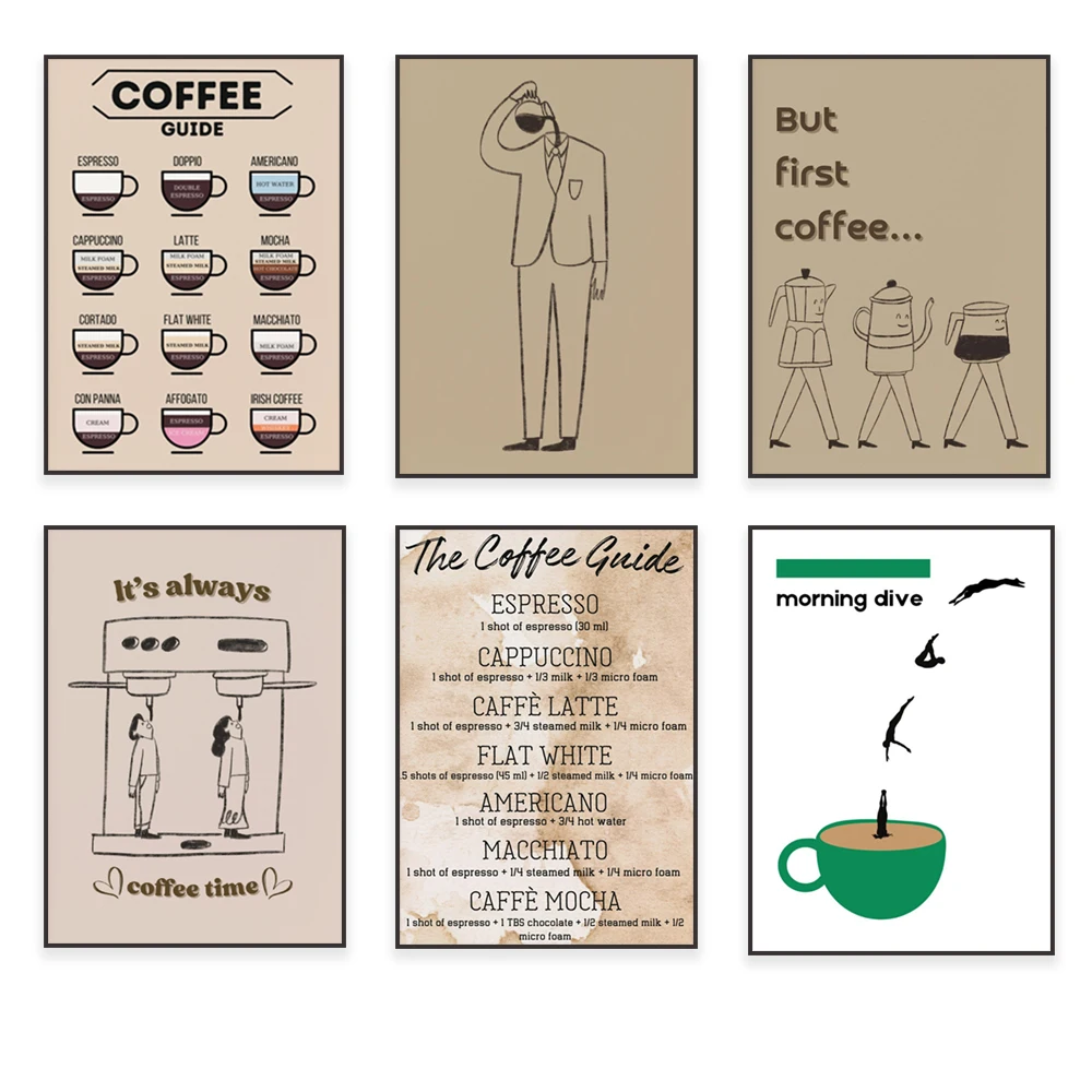 Coffee Tea Poster - キッチンの装飾プリント、コーヒーガイド、エスプレッソ、コーヒーコーナーアート、お茶の飲み物のポスター、カフェバー