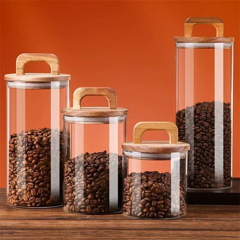 Coffee Tea Canister Set - 透明なガラス瓶 竹蓋付き 密封キャニスター 食品保存容器 ルースティー コーヒー豆