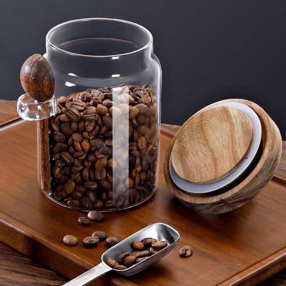 Coffee Tea Sugar - ガラス製コーヒー豆保存容器 密閉木製蓋付き 漏れ防止 キッチンキャニスター 茶葉容器 砂糖ホルダー