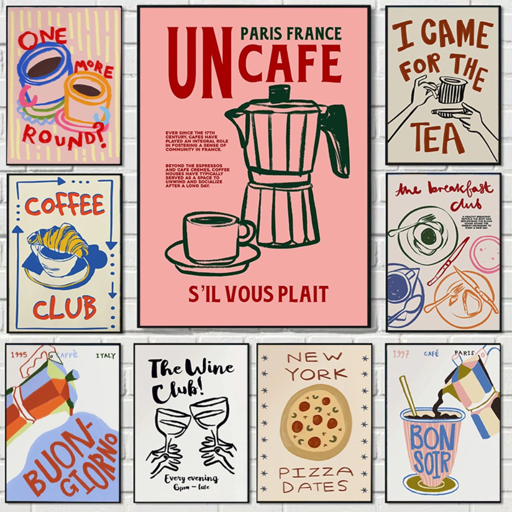 Coffee Tea Poster - コーヒーショップアフタヌーンティークロワッサンカラフルなコーヒーカップレトロポスターキャンバス絵画壁アート写真カフェキッチン家の装飾