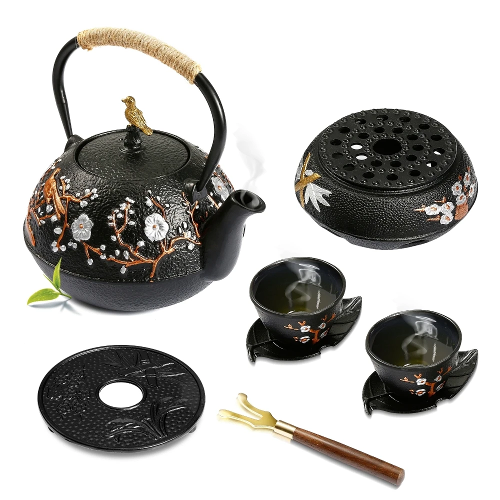 Cast Iron Teapot - 鋳鉄製ティーポットセット、アルコールストーブ/ティーポットパッド付き、720mlケトル、4個の120mlカップ、炭・IH・電気コンロ対応