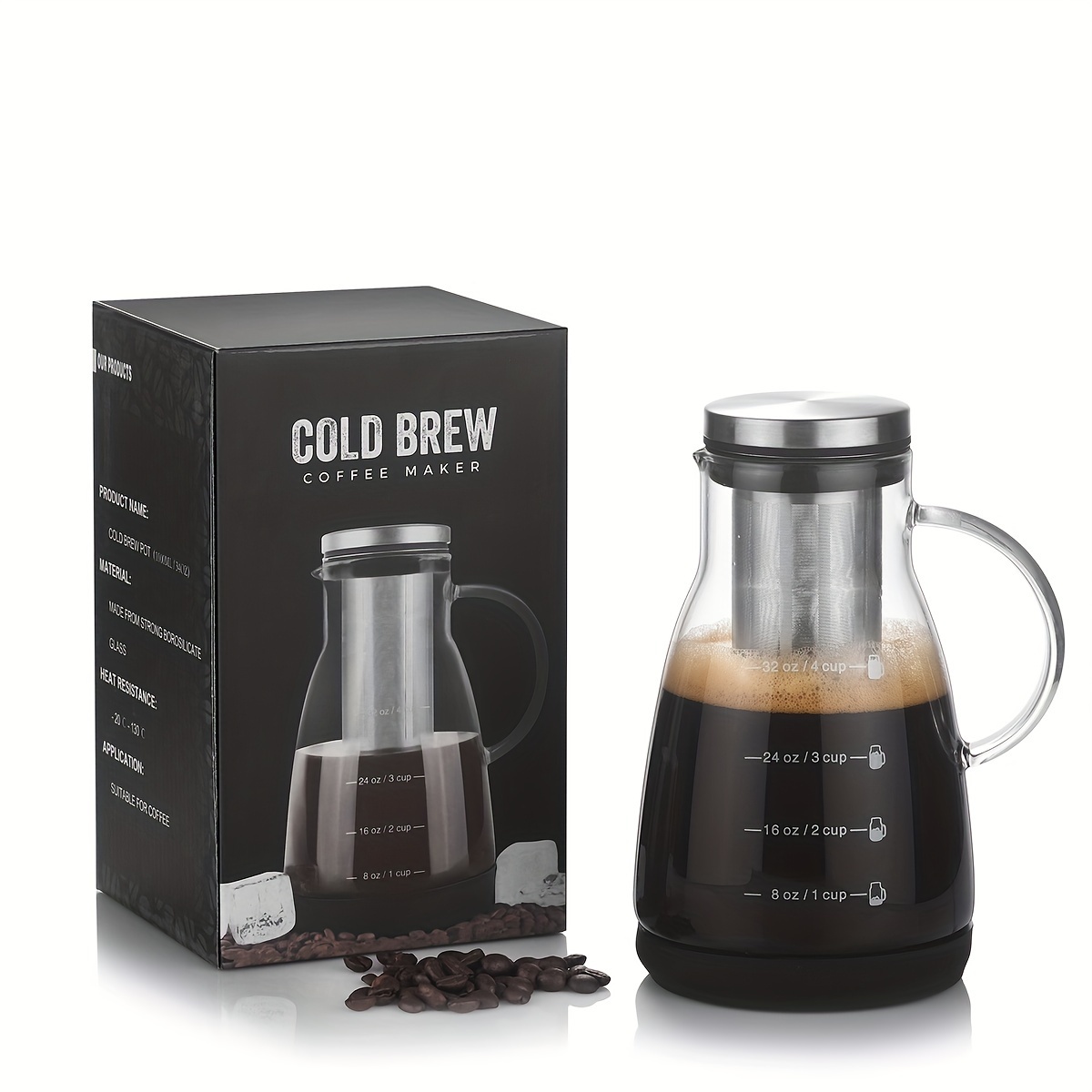 Juice Tea Coffee - 24オンス クラシックガラス製コールドブリューコーヒーピッチャー、手動式アイスコーヒーメーカー、電気不要のジュースやお茶用ガラスジャグ