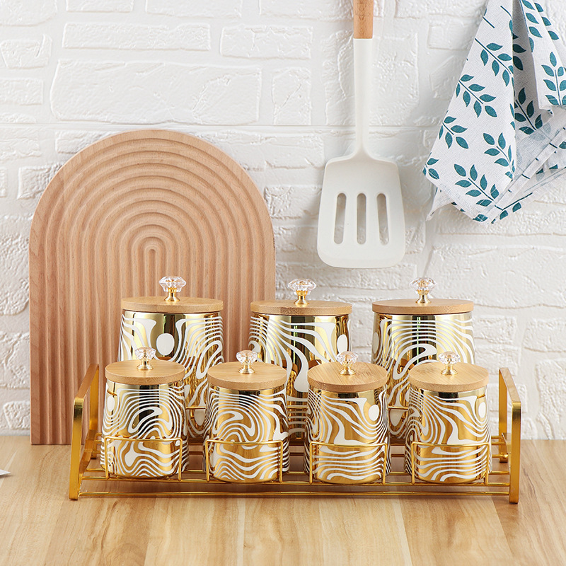 Coffee Tea Canister Set - 7 色の釉薬セラミックキッチンキャニスターセットティーコーヒーシュガーキャニスターセットステンレススチールラック付き