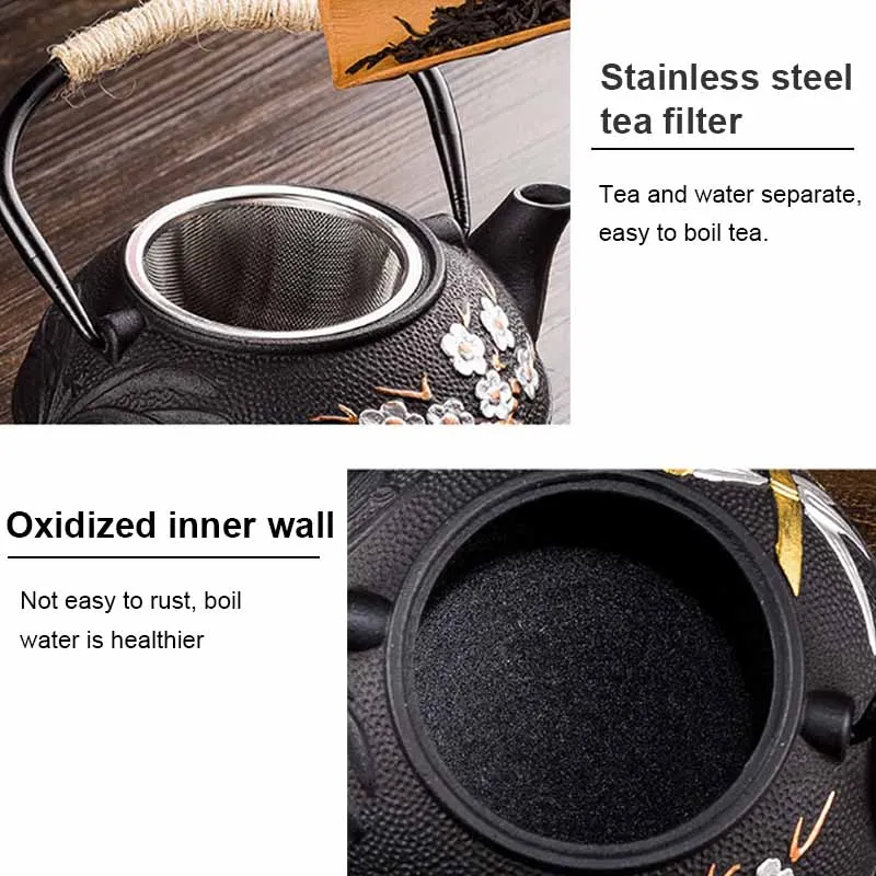 800ML 梅と竹の絵付け醸造ティーポット鋳鉄製ウォーターボ - Cast Iron Teapot のレビューと価格