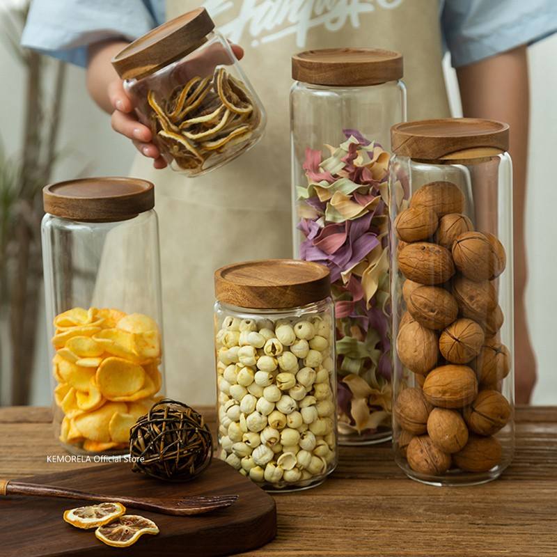 木製蓋ガラス気密キャニスターキッチン収納ボトル瓶食品容器穀物 - Coffee Tea Canister Set のレビューと価格