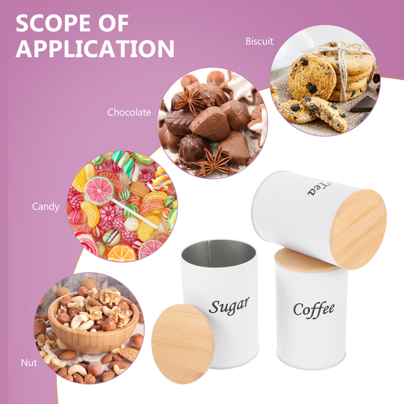 3個セット 密閉丸型キャニスター 亜鉛メッキ鉄製 竹製蓋付き - Coffee Tea Sugar のレビューと価格