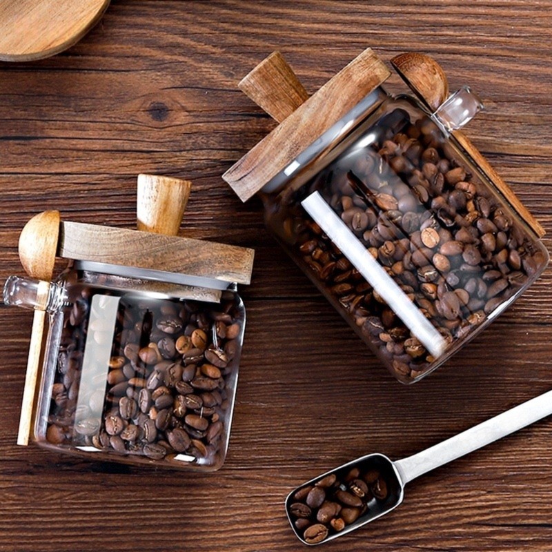 ABJIガラスジャー 木製蓋とスプーン付き 13オンス、20 - Coffee Tea Canister Set のレビューと価格