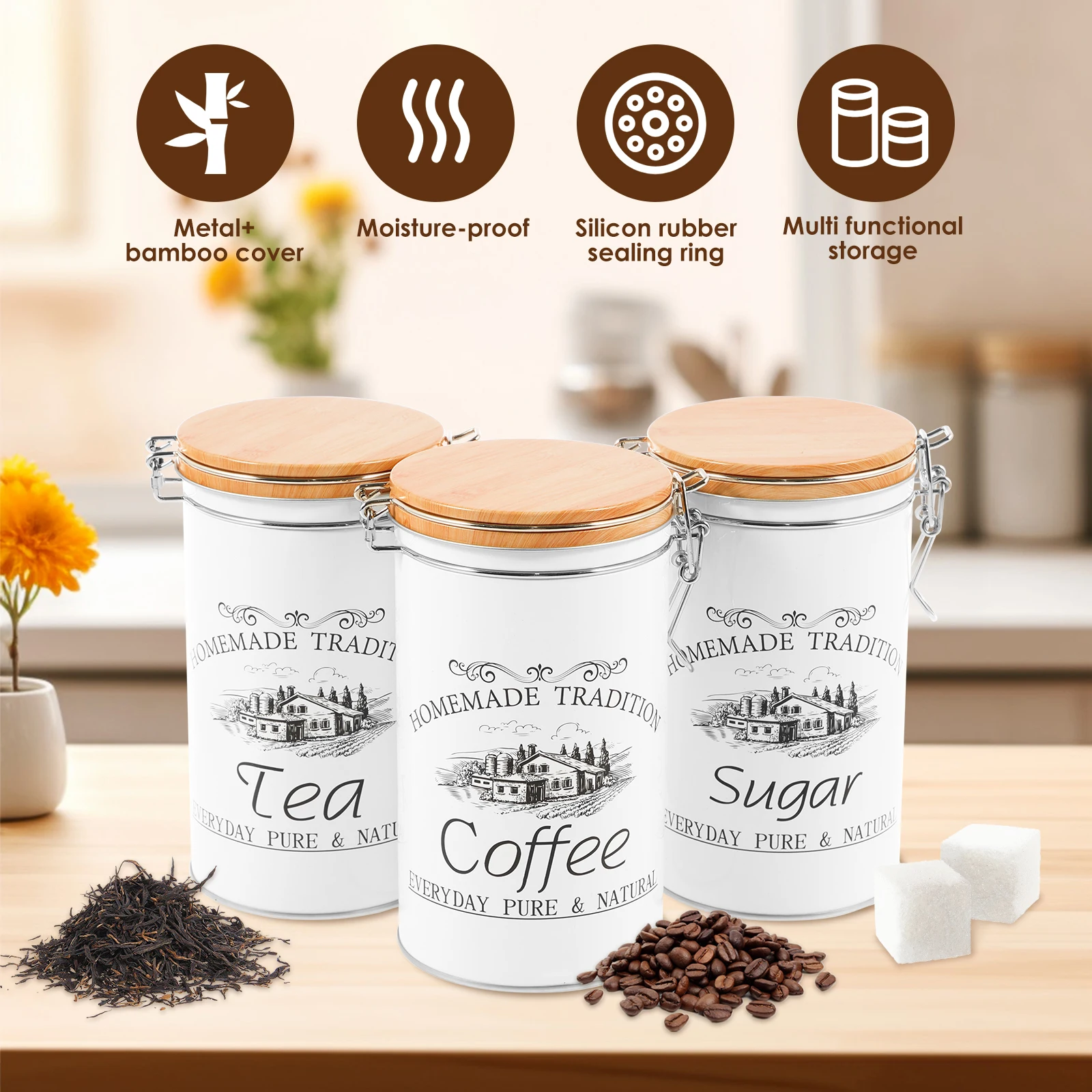 3個セット 茶葉・コーヒー・砂糖用キャニスター 金属製コーヒ - Coffee Tea Canister Set のレビューと価格