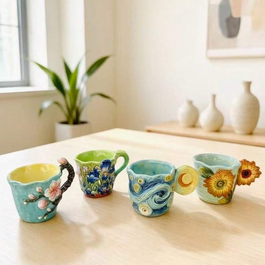 4個セットのゴッホシリーズエンボス加工セラミックイタリアンコ - Coffee Tea Van のレビューと価格