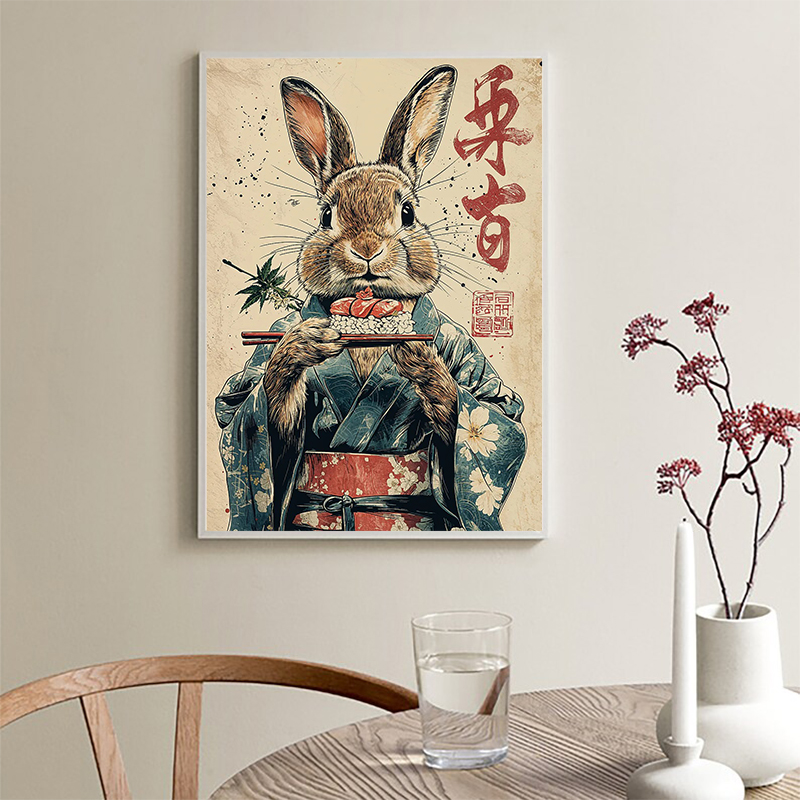 レトロな日本のカエル、コーヒー、寿司、ウサギ、キツネ、アライ - Coffee Tea Poster のレビューと価格