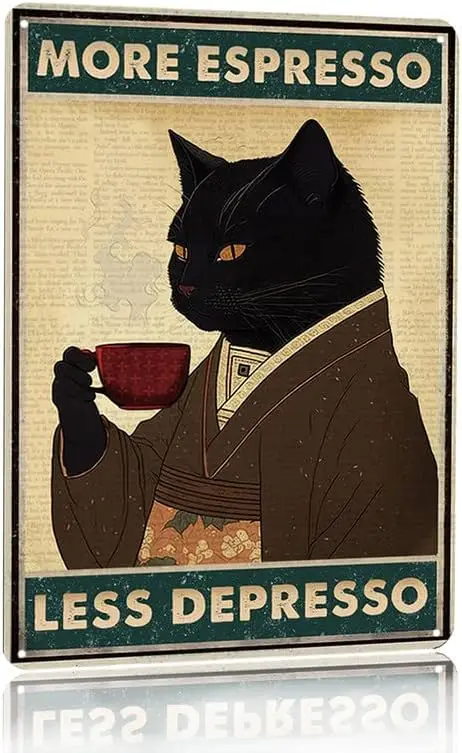 ヴィンテージ黒猫コーヒーポスター「More Espresso - Coffee Tea Poster のレビューと価格