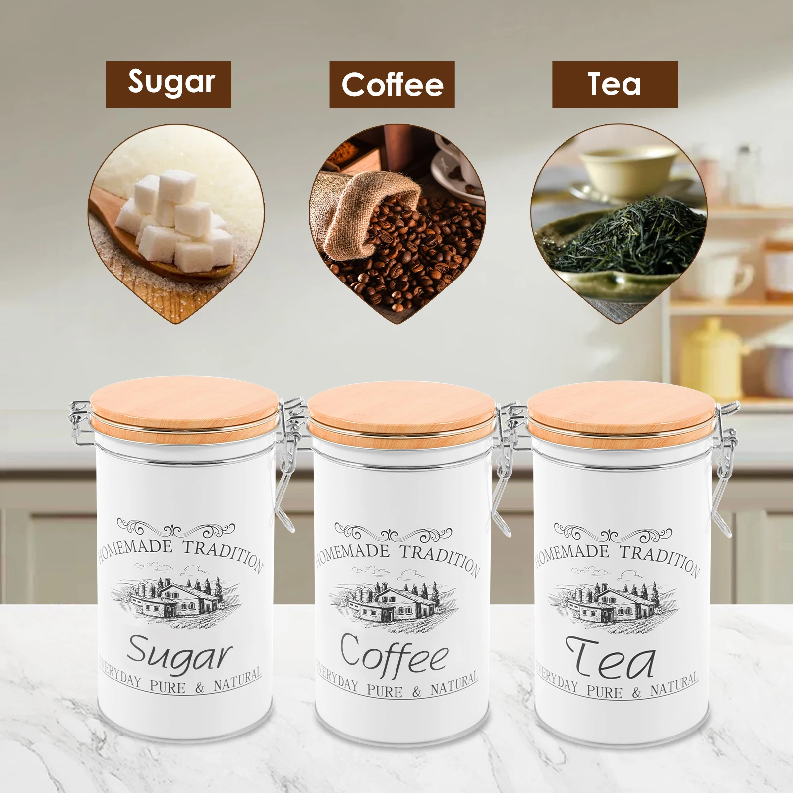 3 ピース/セット茶コーヒー砂糖キャニスター金属コーヒー豆保 - Coffee Tea Canister Set のレビューと価格